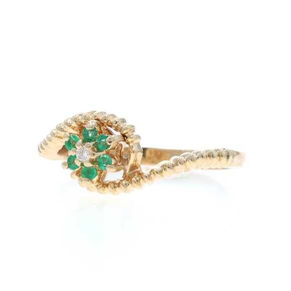 Yellow Gold Diamond Emerald Halo Bypass Ring - 14k Round Brilliant .13ctw Flower - Picture 3 of 6